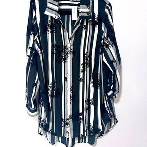 Chenault Black and White burn out velvet‎ 3/4 Sleeve Button Down Shirt 1X